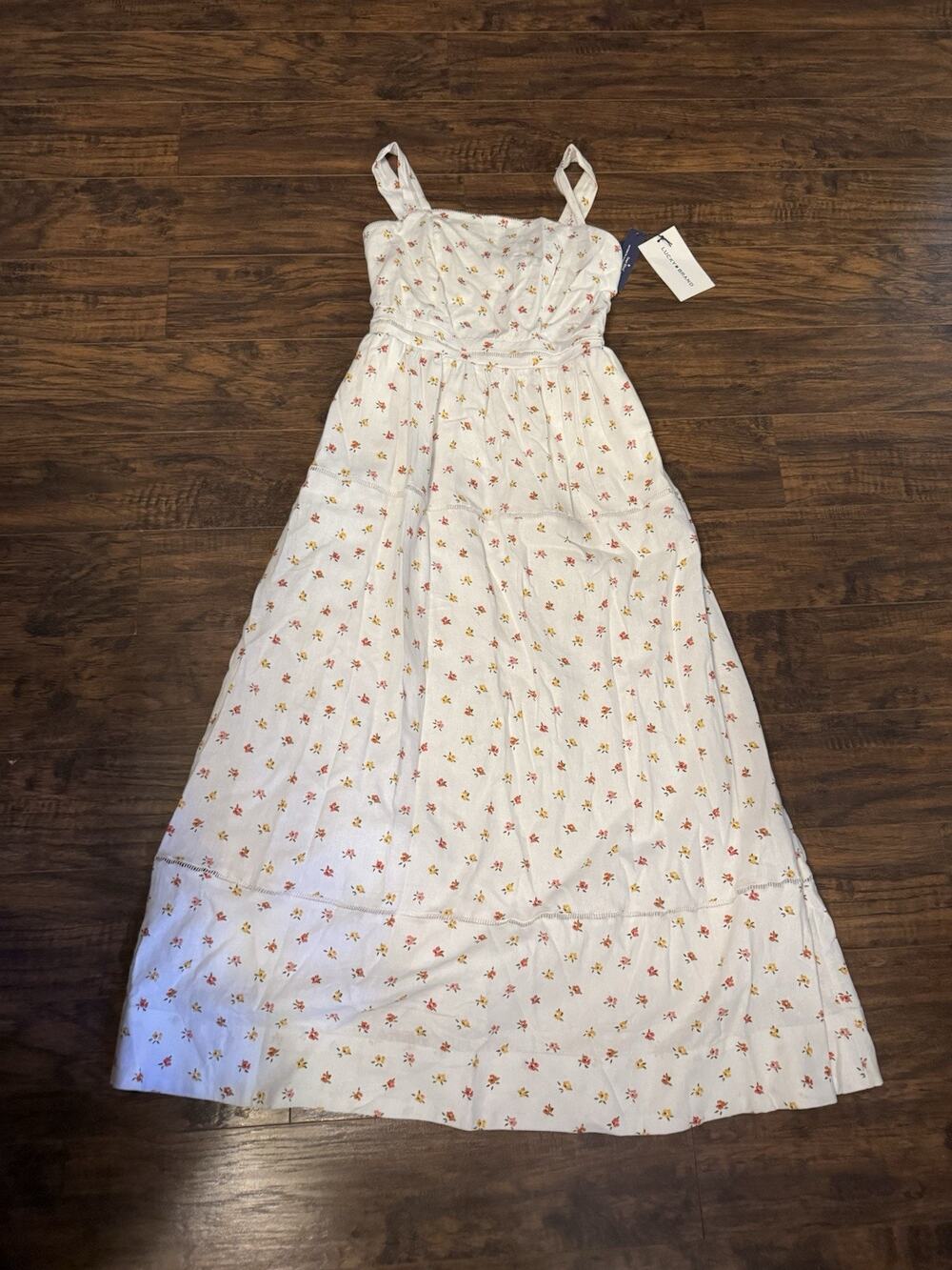 NWT LUCKY BRAND Dress Linen Blend Maxi Ditsy Floral White Multi Sz:XS